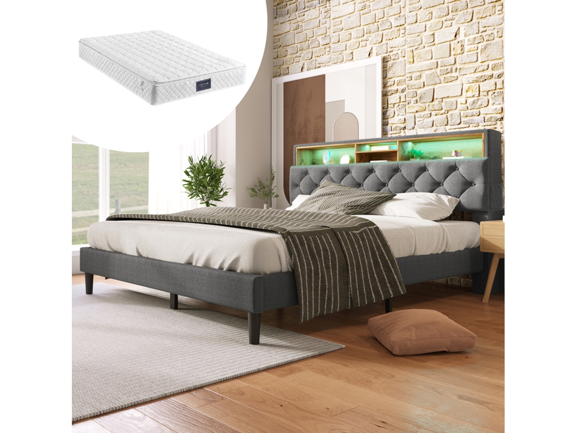 Cama Casal Cinza 140x200cm Estofada, Led, Usb, Cabeceira, Ripas (c/ Colchão).-op