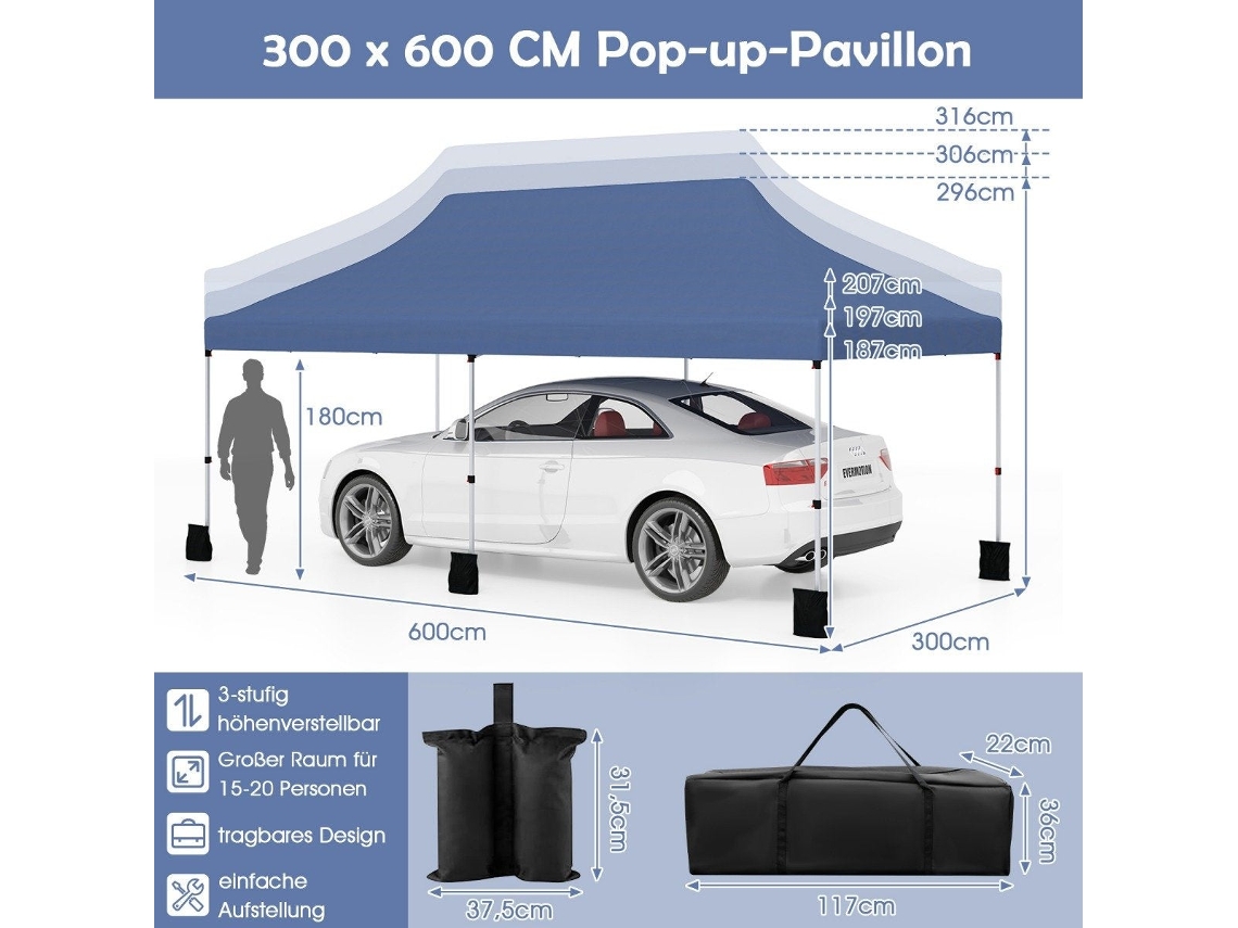 Tenda Pop up Canopy 300x600 Cm com Altura Ajustável Azul NORTHIX