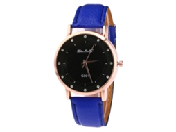 Relógio de quartzo com pulseira de couro PU, mostrador redondo, decoração com strass, unissex, azul.