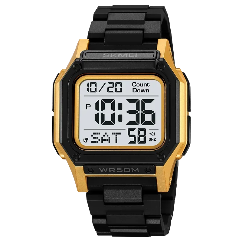Relógio de Pulso Masculino Digital Esportivo com Cronômetro Retroiluminado e Contagem Regressiva . MDUG (dourado e Branco)
