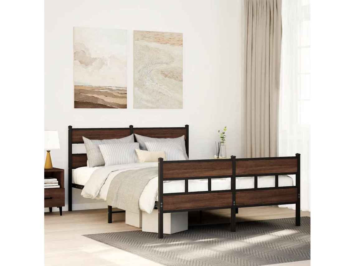 Vidaxl Estrutura Cama Sem Colchão 160x200 Cm Metal Carvalho Castanho