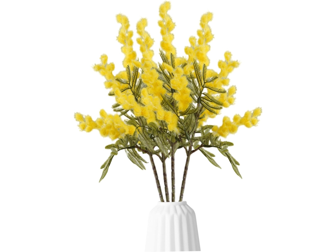 Conjunto De 4 Flores Artificiais De 38cm 15 Polegadas Em Amarelo, Com Folhas De Mimosa E Acabamento Flocado, Ideais Para