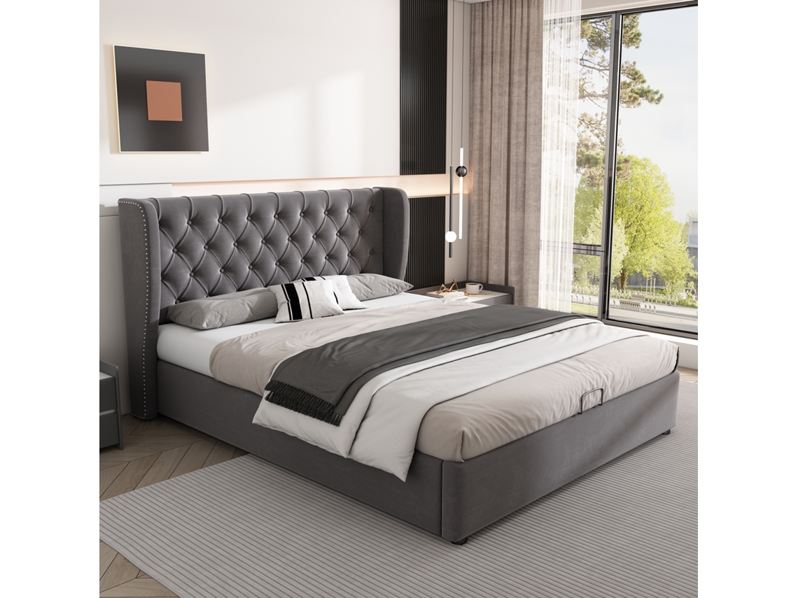 Cama de Casal Estofada em Veludo com Botões e Estrado Hidráulico 140x200 Cinza PAPRIKA