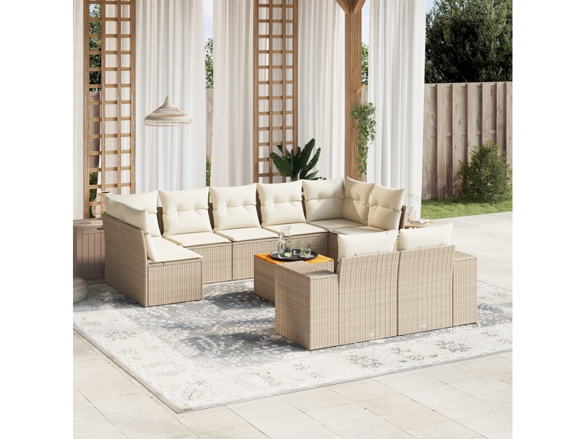 Vidaxl 10 Pcs Conjunto De Sofás P/ Jardim Com Almofadões Vime Pe Bege