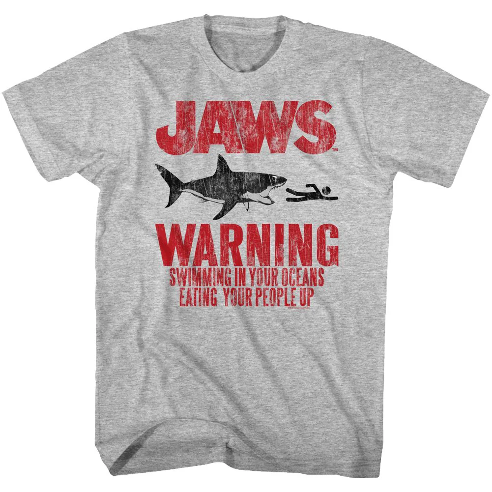 Unisex Adult T-shirt Rockinstone Jaws Movie Warning Heather Gray Sizexl
