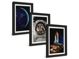 Conjunto De Pinturas Espaço, Terra, Astronauta E Foguete Moldura Preta Quadros Para A Sala De Estar Espelharte (3 Peças 20x30 Cm)