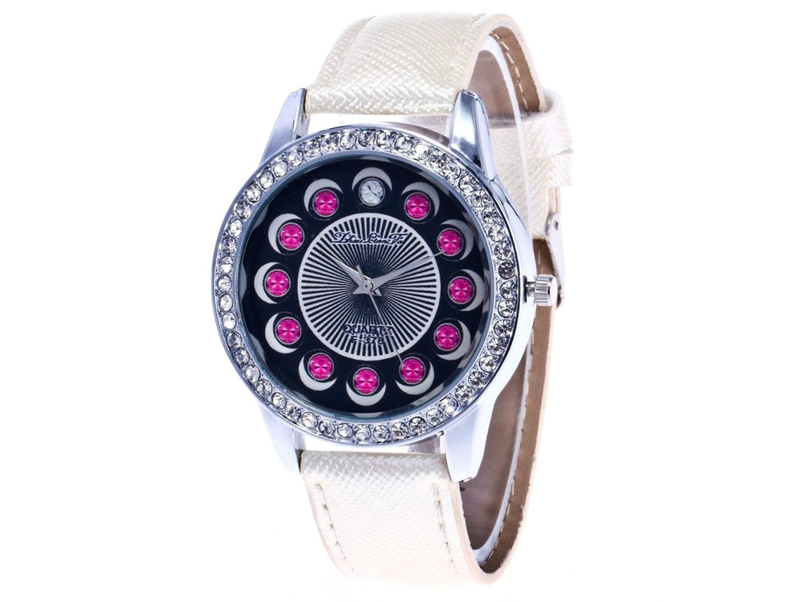 Reloj De Cuarzo Con Correa De Cuero Pu Moda Dial Redondo Mujer Pulsera Blanca