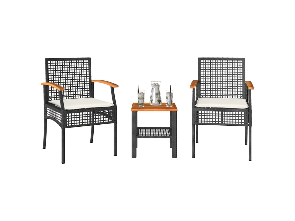 Vidaxl Conjunto de Bistrô com Almofadões 3 Pcs Vime Pe e Acácia Preto