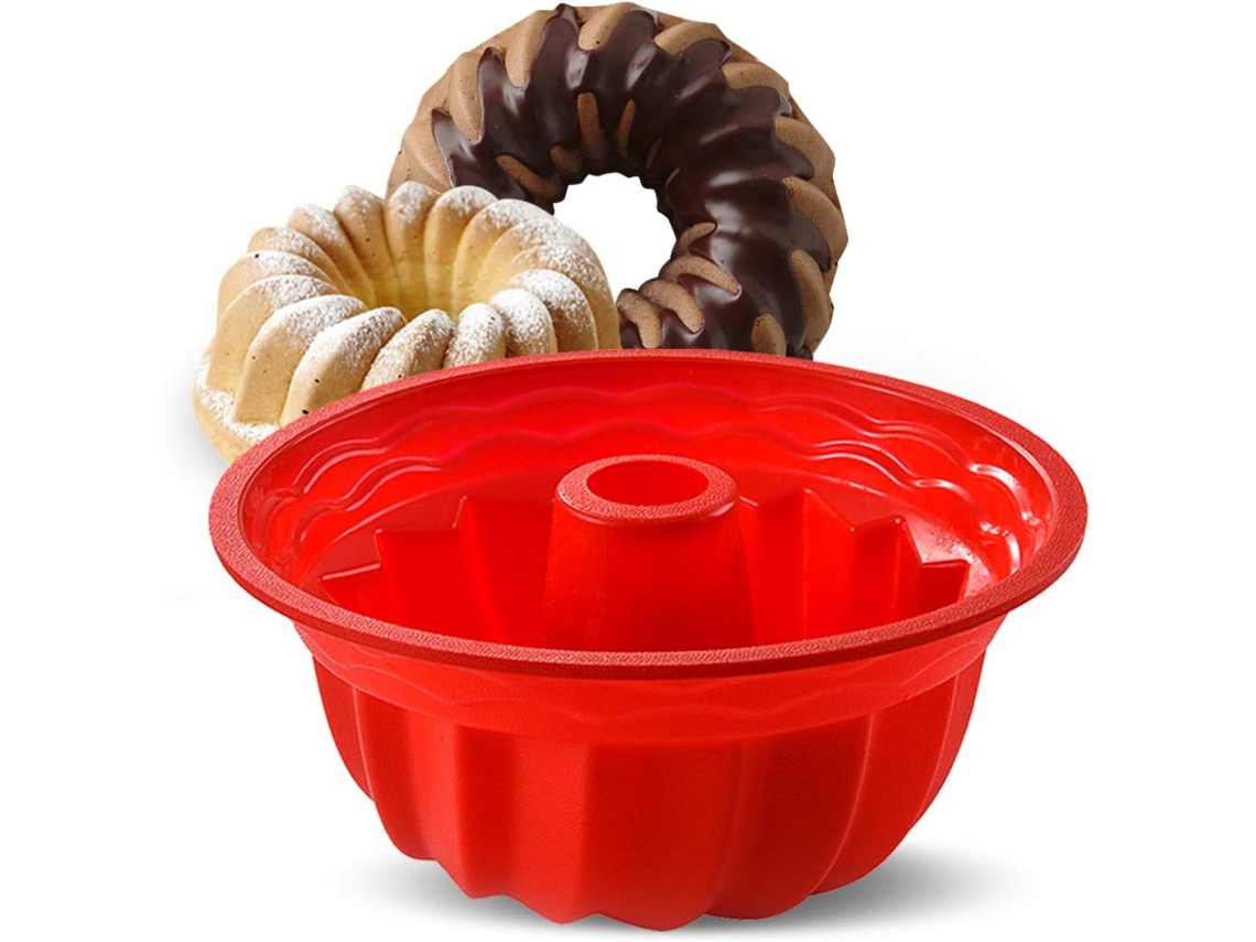 MEOIRUERY Formas De Silicone Para Forno, Forma Redonda Canelada De Grau Europeu, Antiaderente Para Bolo, Pão, Gelatina, 24 Cm Vermelha