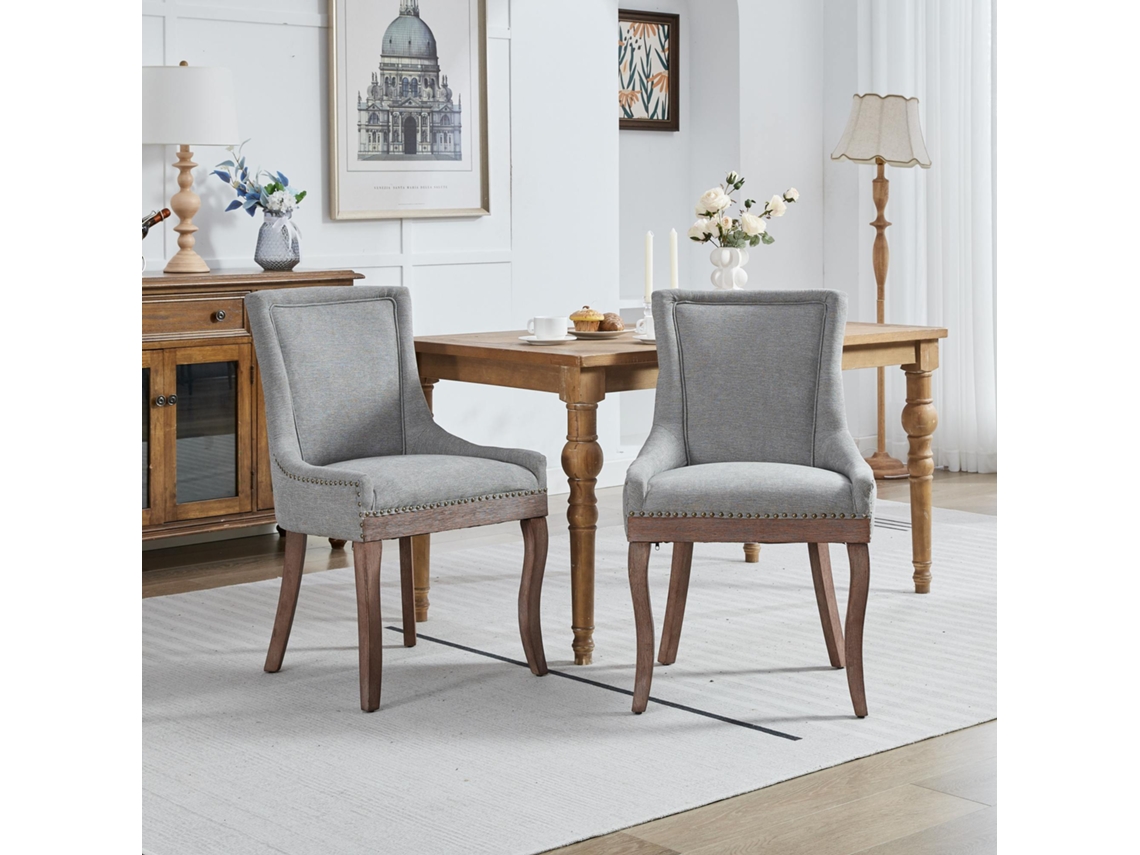 Par Cadeiras Ultra Cinza Pés Madeira Tachas Bronze