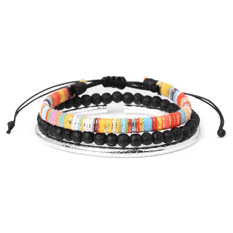 Pulseira Tecida À Mão com Pedras Vulcânicas Coloridas em Combinação de Lava. MDUG