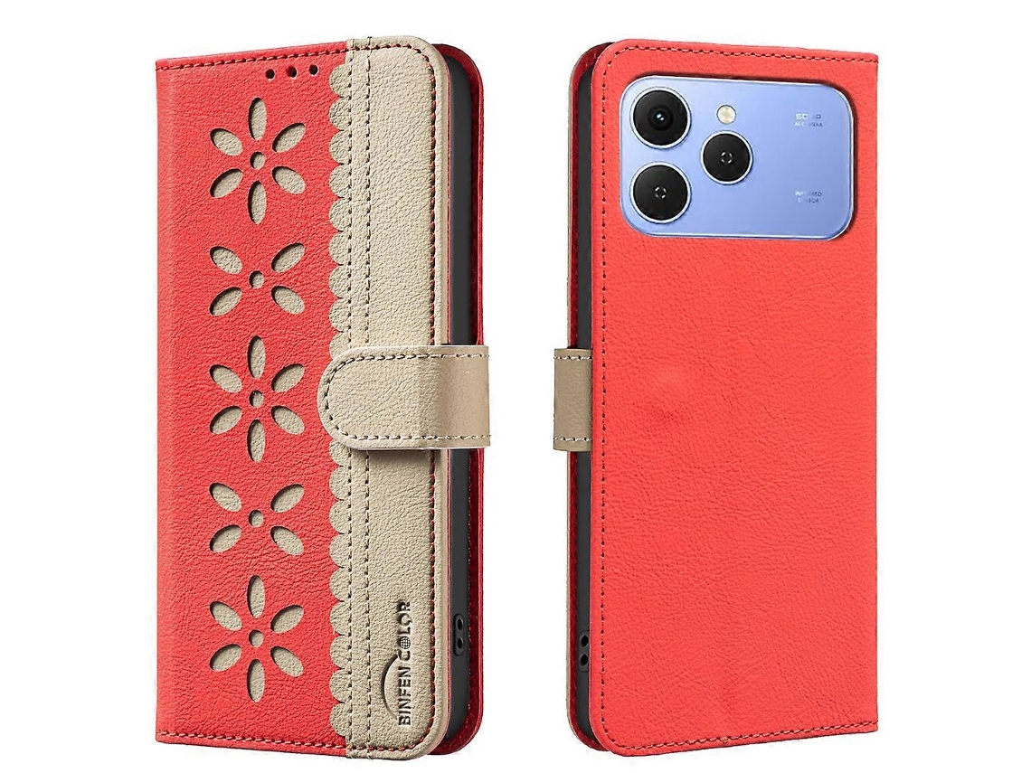 Capa De Couro Para Tecno Spark 40 4g Binfen Color Bf36 Com Estampa Floral E Suporte Para Carteira Com Bloqueio Rfid, Vermelha