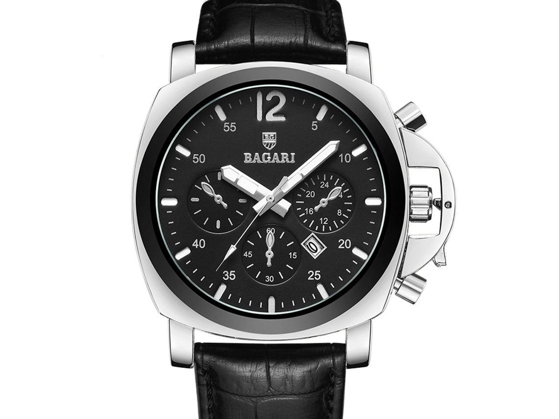 Relógio de pulso redondo Bagari Fashion com pulseira de PU, mostrador simples, movimento de quartzo, prateado e preto.