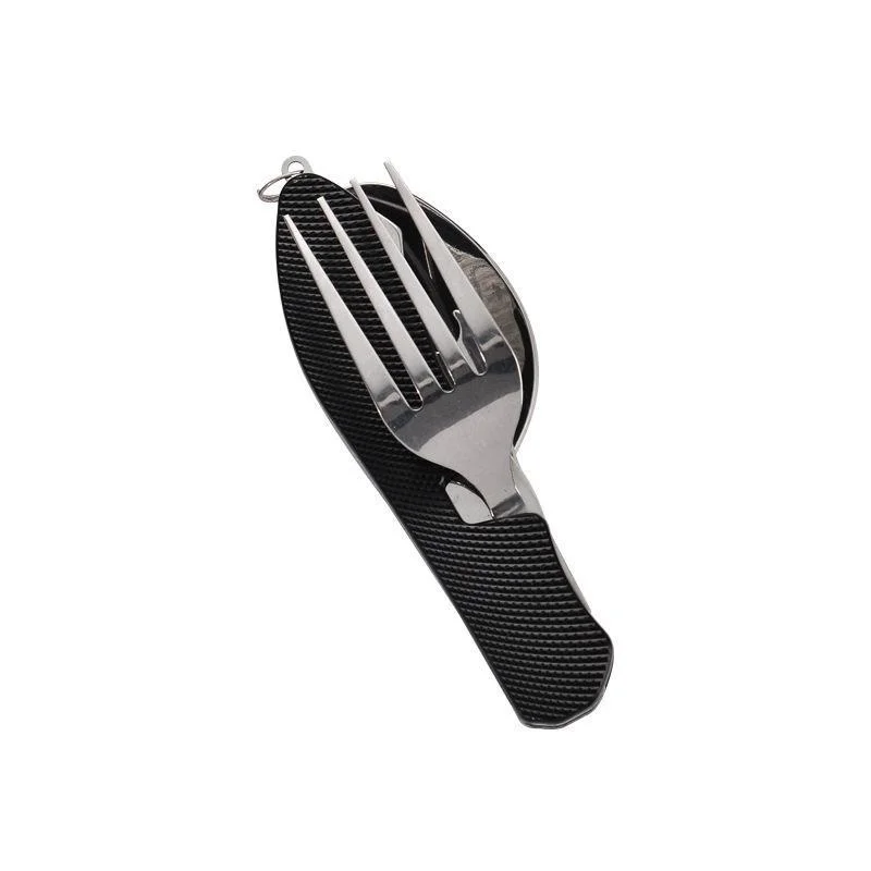 Conjunto de Jantar Dobrável 4 em 1 em Aço Inoxidável para Camping , Conjunto de Jantar de Bolso. MDUG (preto)