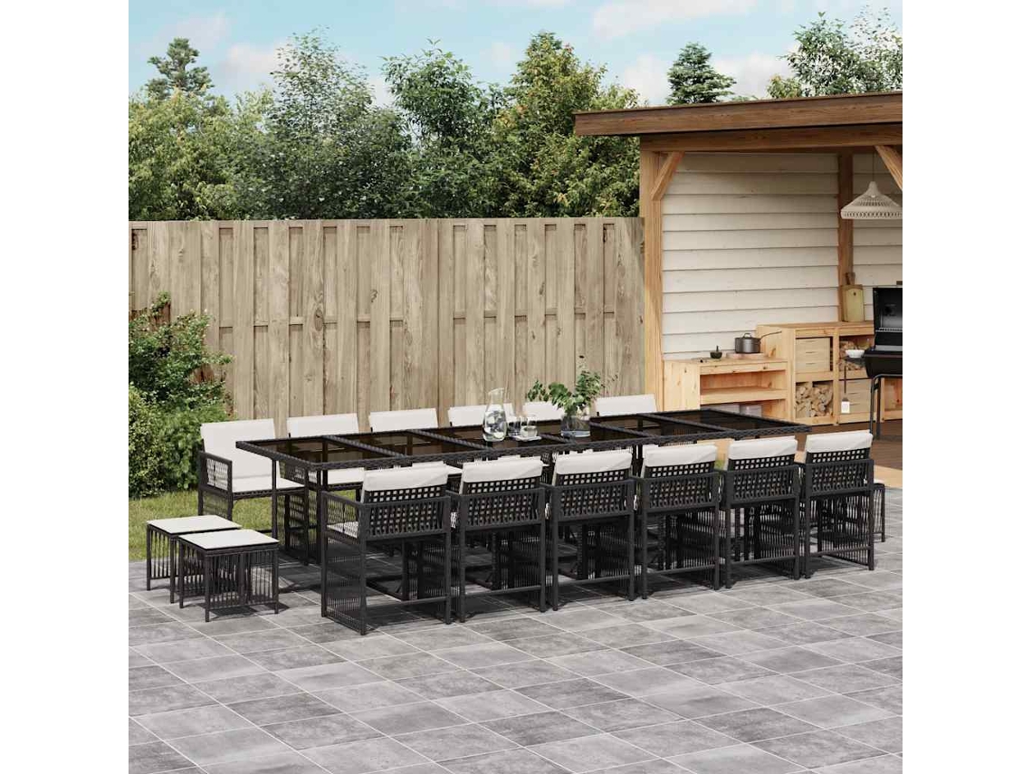 Vidaxl 17 Pcs Conjunto De Jantar P/ Jardim C/ Almofadões Vime Pe Preto