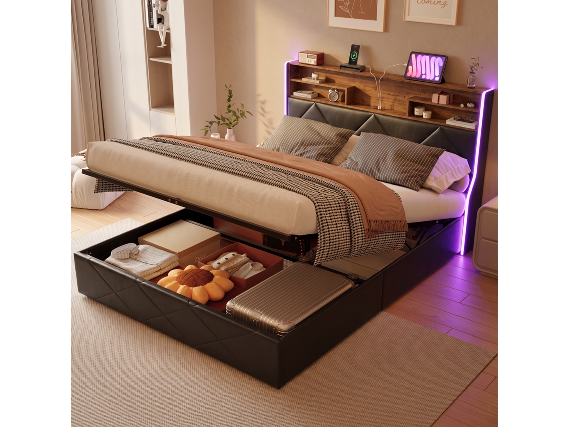 Cama De Casal Estofada De 160 X 200 Cm Com Espaço De Arrumação Hidráulica, Com Estação De Carregamento Led E Usb, Cama Funcional, Sem Colchão