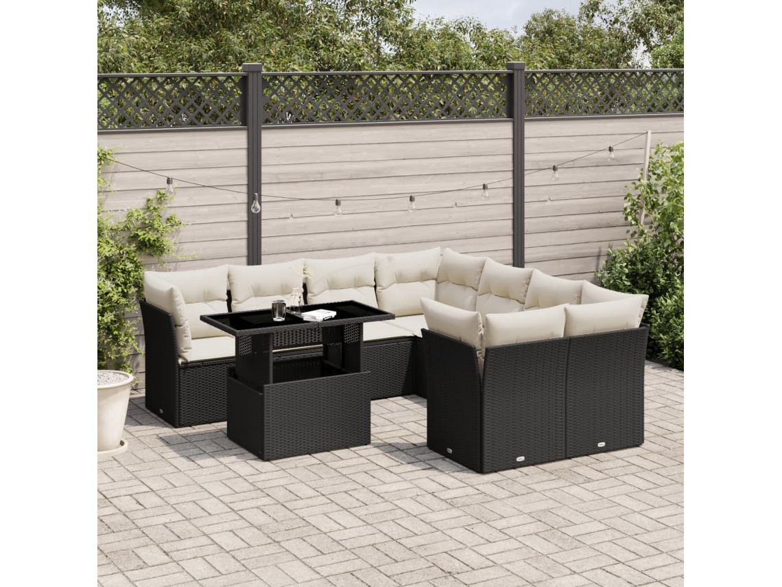 Vidaxl 9 Pcs Conjunto De Sofás P/ Jardim C/ Almofadões Vime Pe Preto