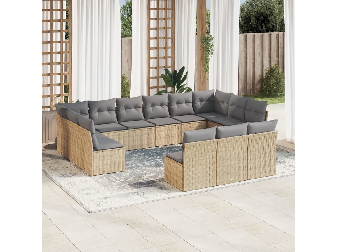 Vidaxl 13 Pcs Conjunto De Sofás P/ Jardim Com Almofadões Vime Pe Bege