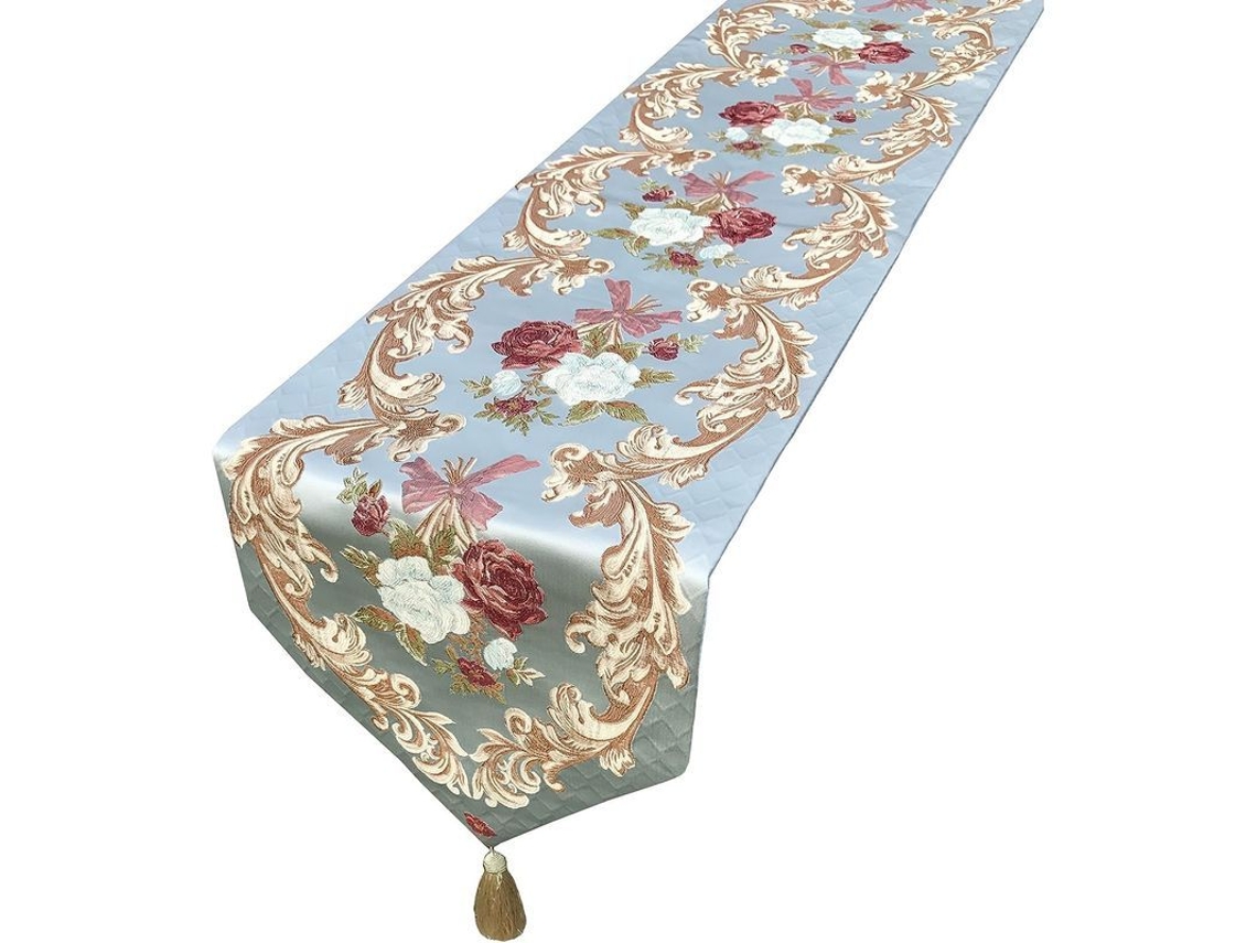2026 mantel de Mesa Luxury com Bordado Floral Padrão 13x83 Polegadas Azul com Borlas Estilo Europeu