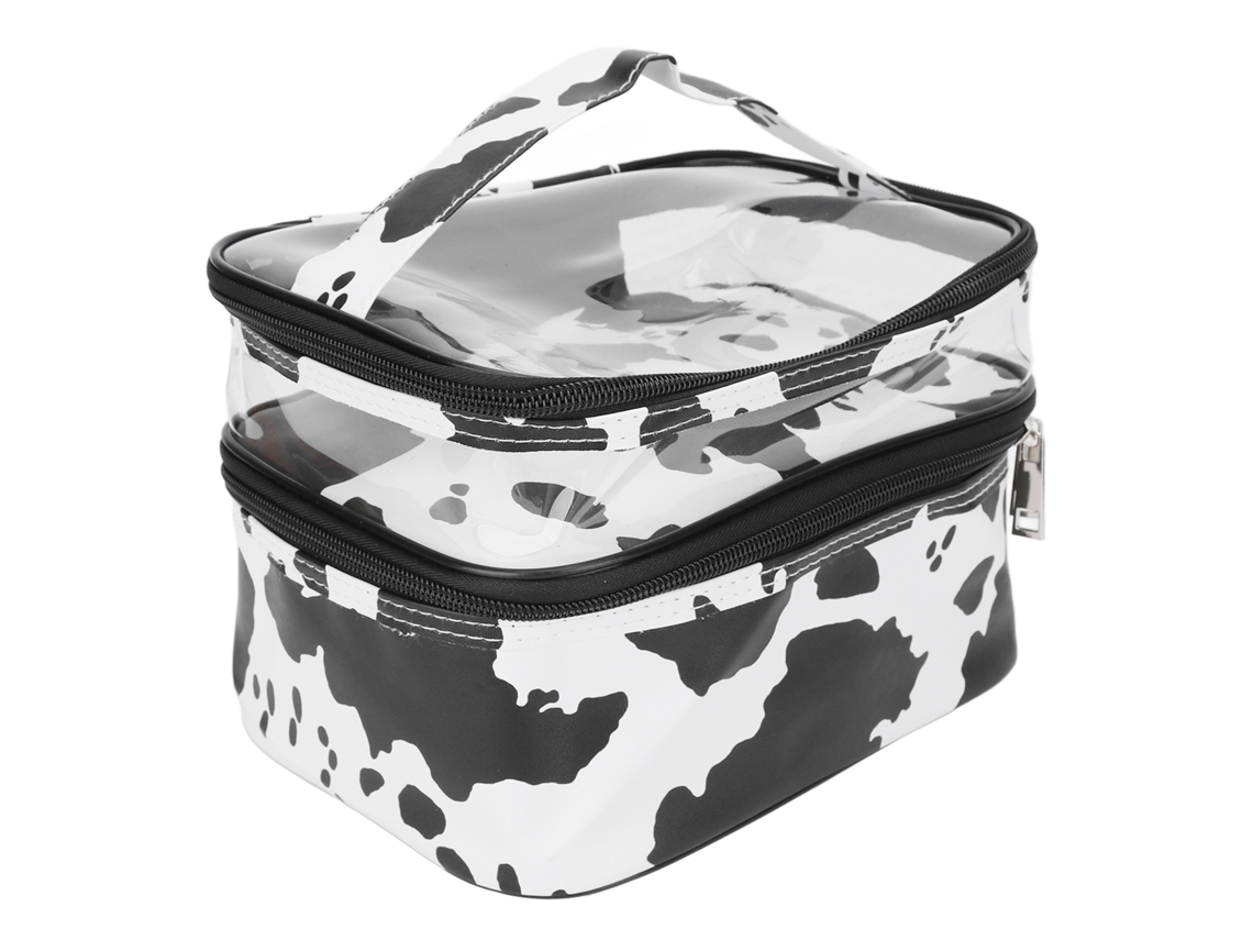 Bolso De Maquillaje De Doble Capa Con Gran Capacidad Estampado De Vaca Portátil Y Multifuncional
