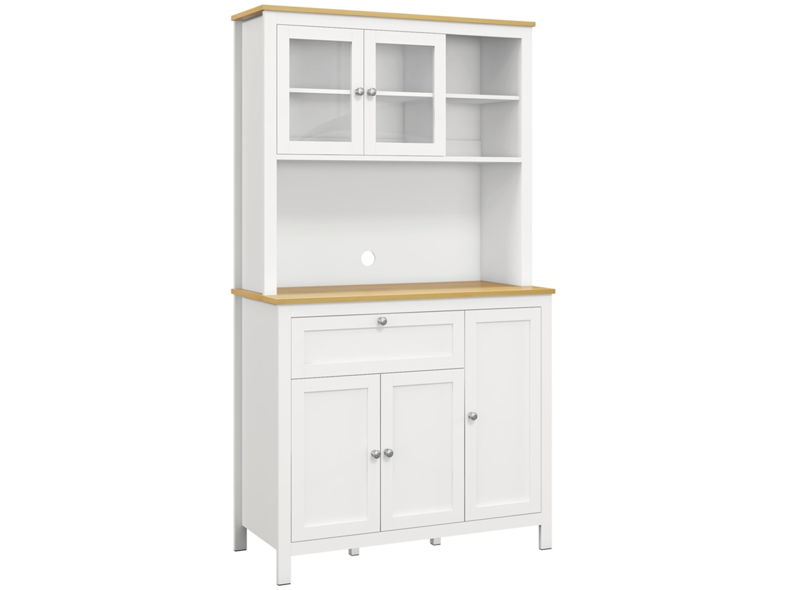 Armário Cozinha 5 portas, branco madeira, 100x40x180cm, com prateleiras ajustáveis, gaveta, bancada micro-ondas