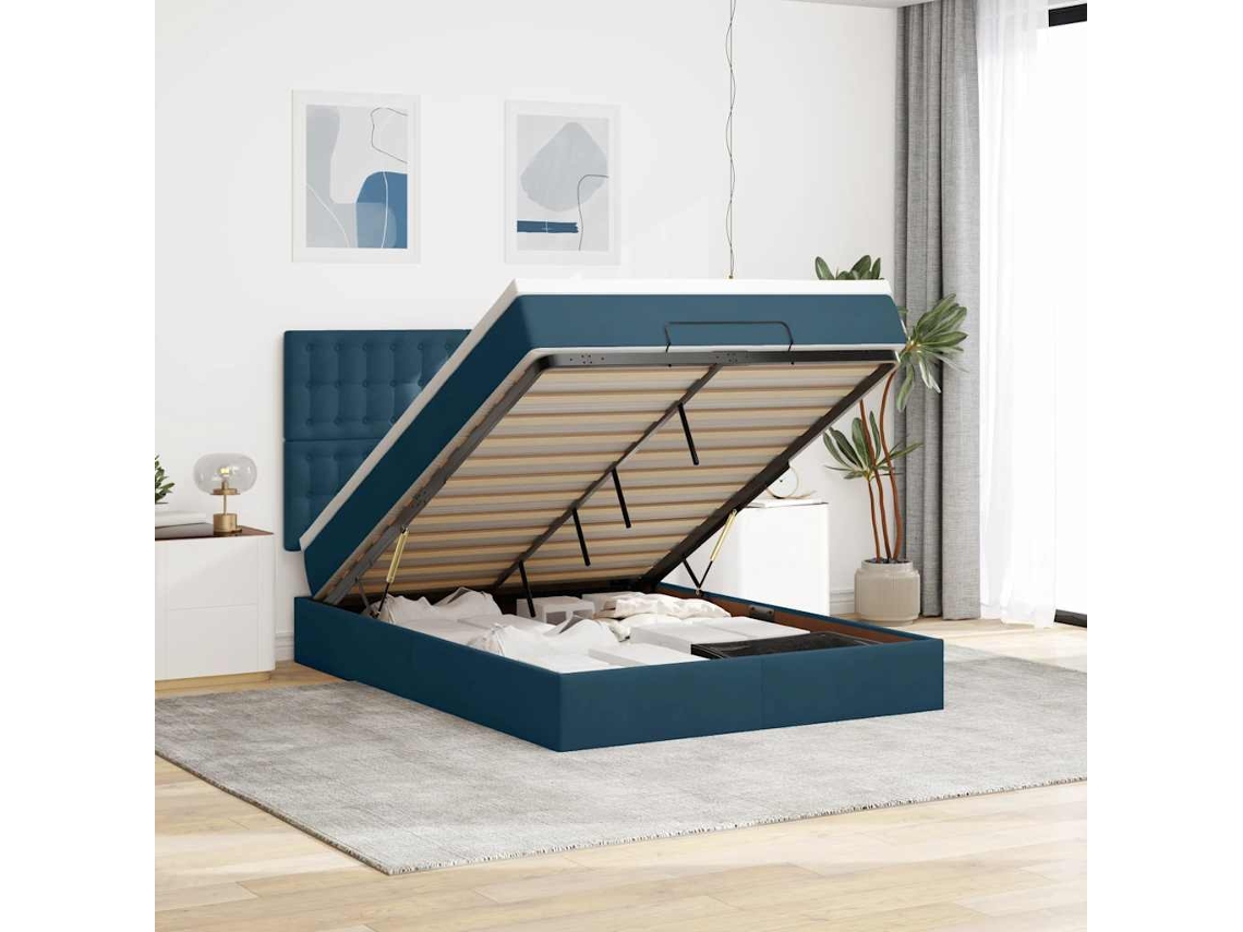 Vidaxl Estrutura Cama Otomana Colchões 140x190 Cm Veludo Azul Escuro
