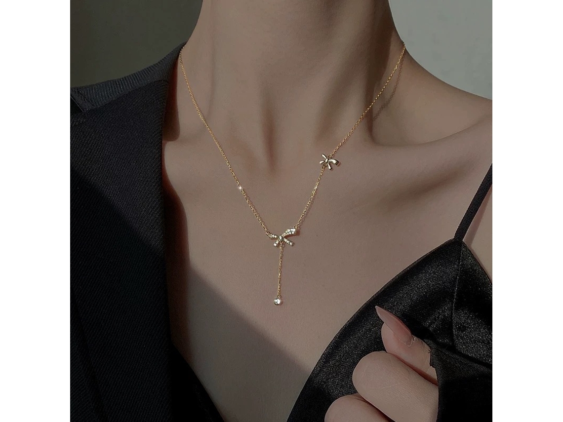 Colar com Pingente de Laço e Borla em Prata de Lei S925 , Design Luxuoso e Discreto, Gargantilha de Alta Qualidade. MDUG (dourado)