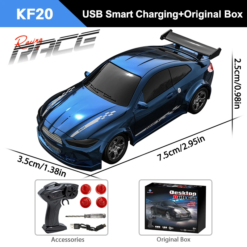 (kf20 Azul) Carro De Drift De Alta Velocidade 1/64 Com Controle Remoto, Tração Nas Quatro Rodas 2.4g, Brinquedo Ideal Para Presente