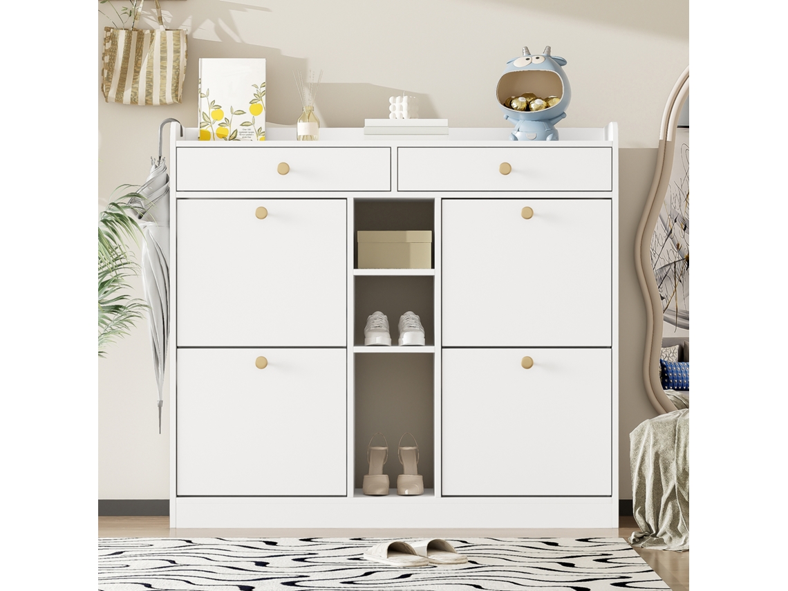 Armário De Sapatos Branco Elegante Com 4 Portas,2 Gavetas E 3 Prateleiras Abertas Ideal Para Corredores Modernos 110x26x100cm Mega Echo Trade Shop