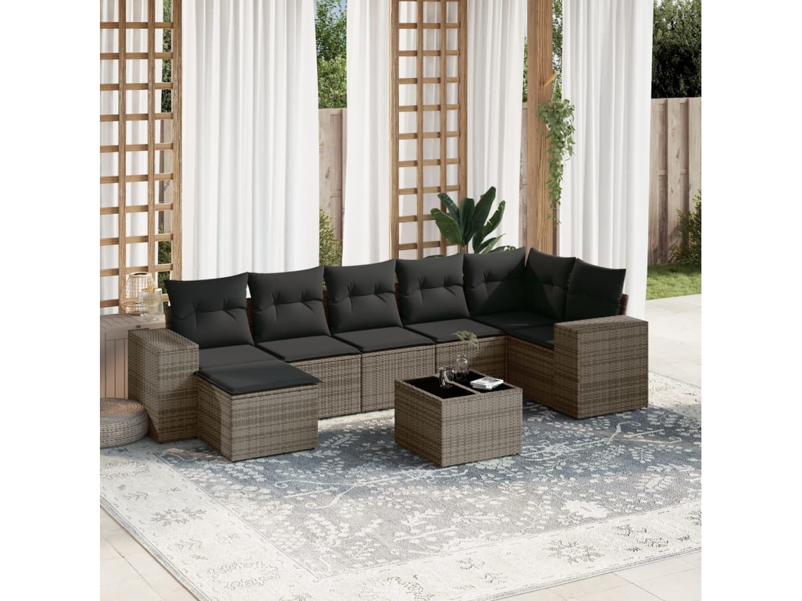 Vidaxl 8 Pcs Conjunto Sofás De Jardim C/ Almofadões Vime Pe Cinzento