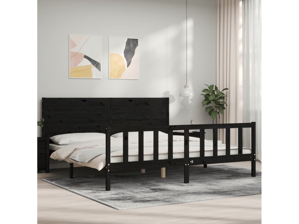 Vidaxl Estrutura De Cama Com Cabeceira 200x200 Cm Madeira Maciça Preto
