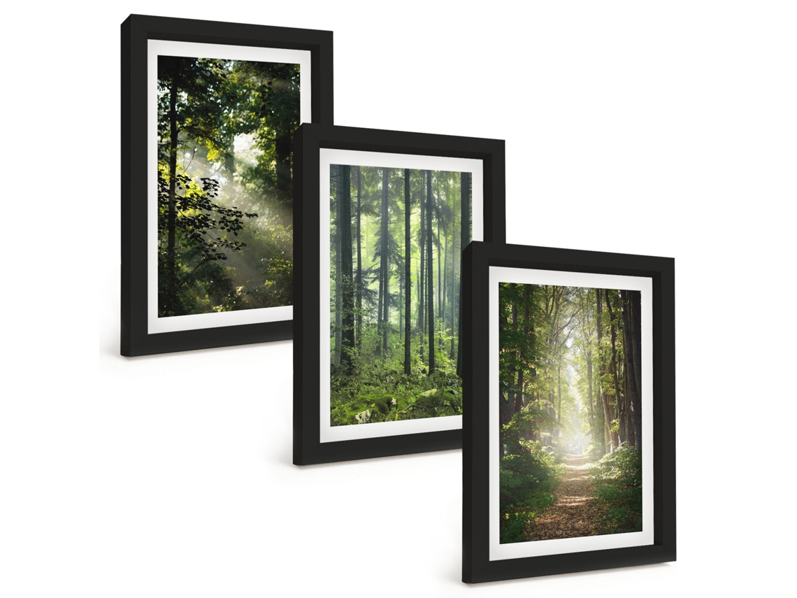 Composição De Quadros Florestas Verdes Com Raios De Luz Espelharte (3 Peças 20x30 Cm)