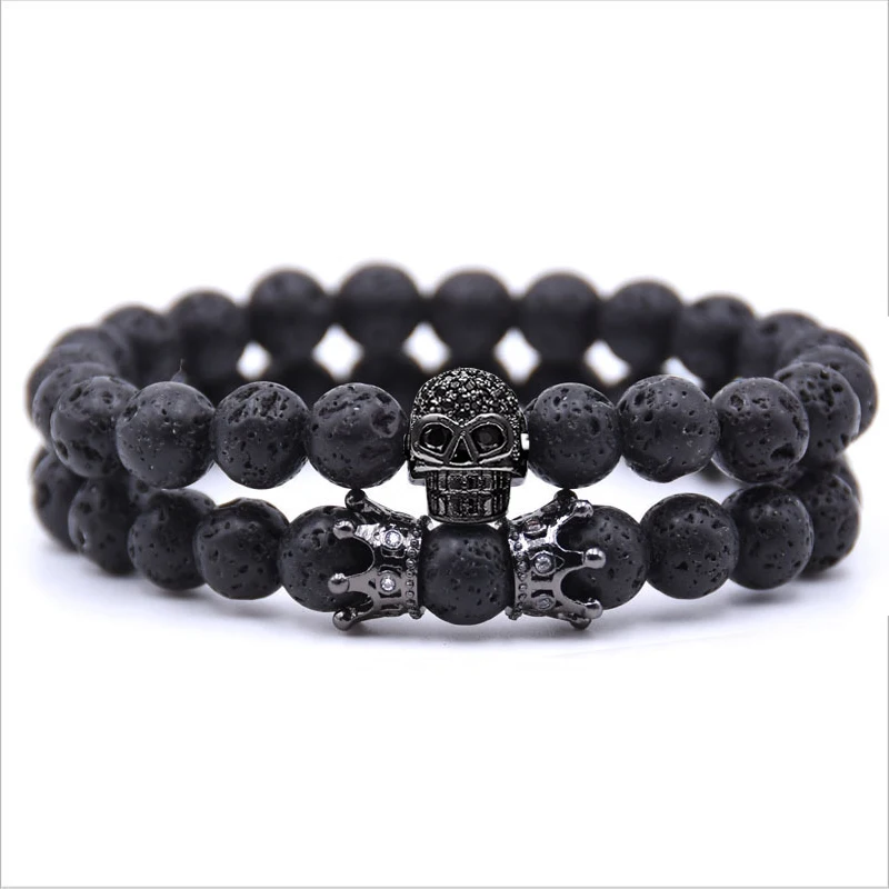 Pulseira De Casal Com Coroa De Caveira (preta), Pulseira De Contas Para Homens E Mulheres.