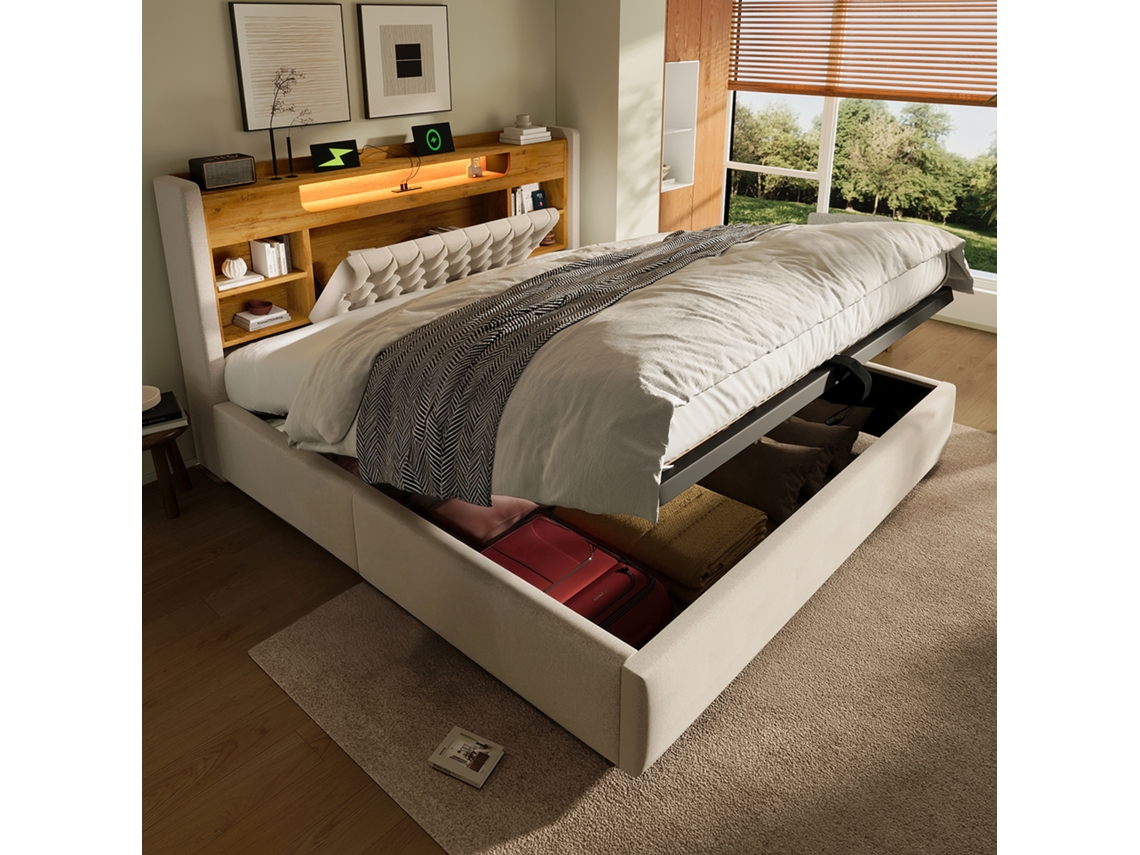 Cama Estofada Linho Bege 180x200 Cm SINGULARITY