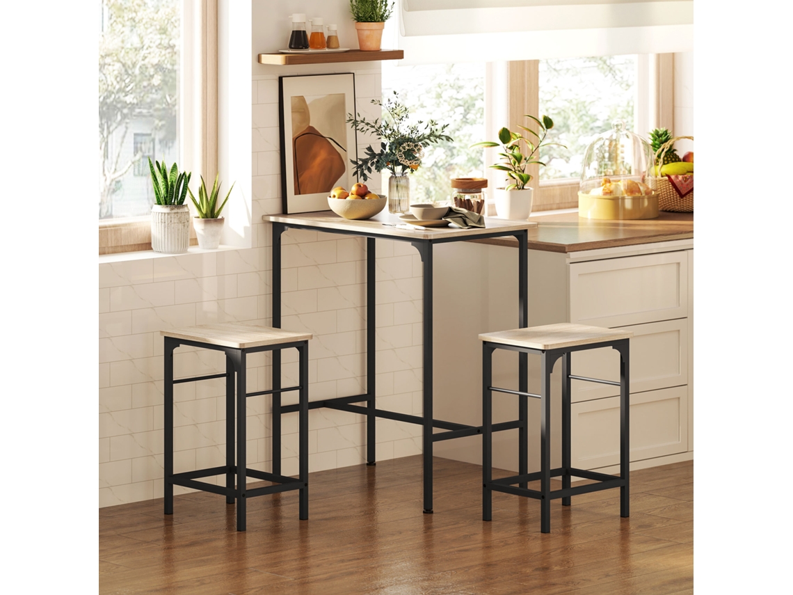 Conjunto De Mesa Bar Com 2 Bancos, Estrutura Em Aço Para Cozinha, Sala Jantar E Estar, Efeito Madeira Natural