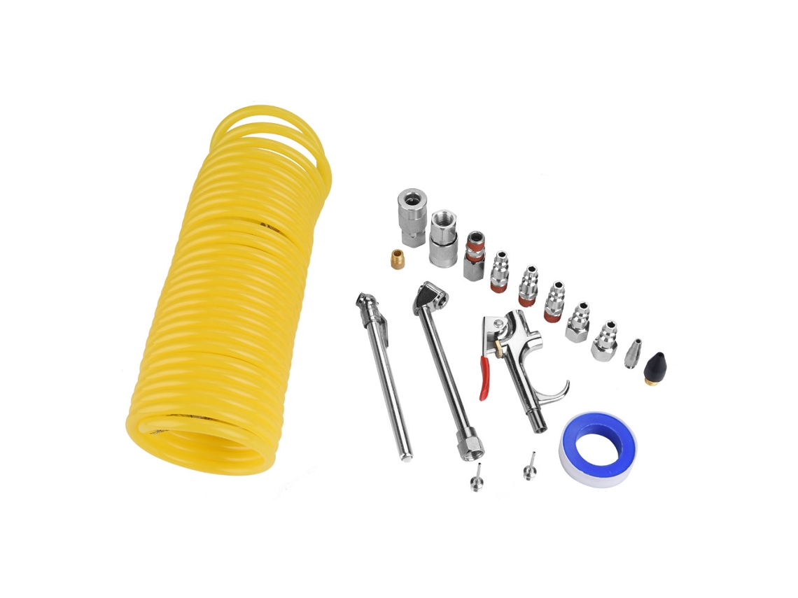 Kit de acessórios pneumáticos com 20 peças: mangueira, pistola de ar e conexões para compressor de ar.