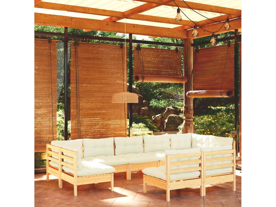 Vidaxl 9 Pcs Conjunto Lounge Jardim C/ Almofadões Creme Pinho Maciço
