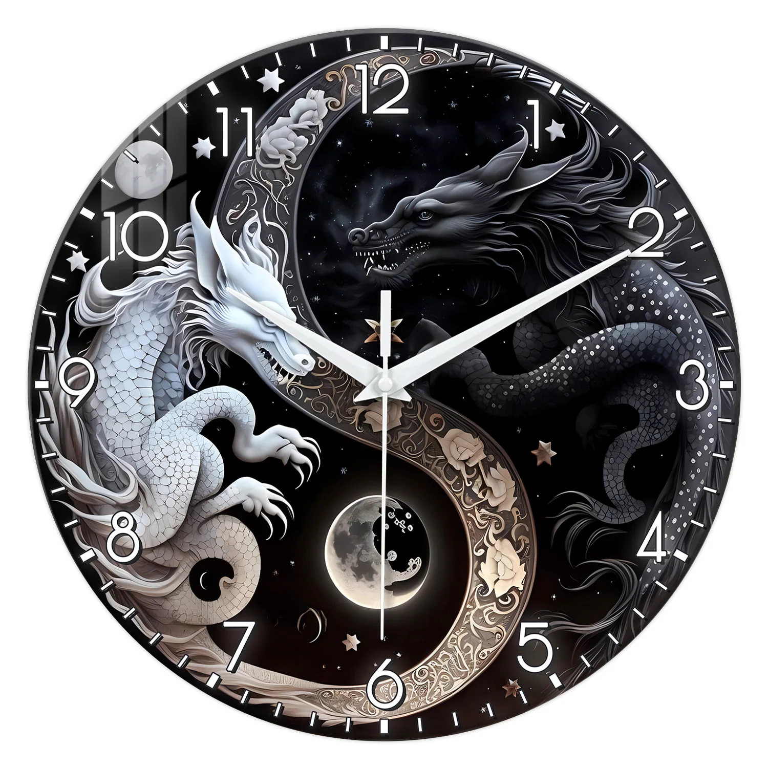 (12 Polegadas) Um relógio de parede de vidro, com um desenho de dragão preto e branco da mitologia oriental, um relógio doméstico silencioso.