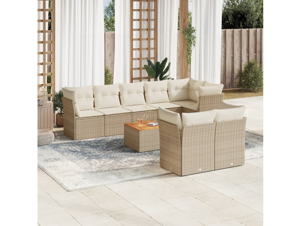 Vidaxl 9 Pcs Conjunto De Sofás P/ Jardim Com Almofadões Vime Pe Bege