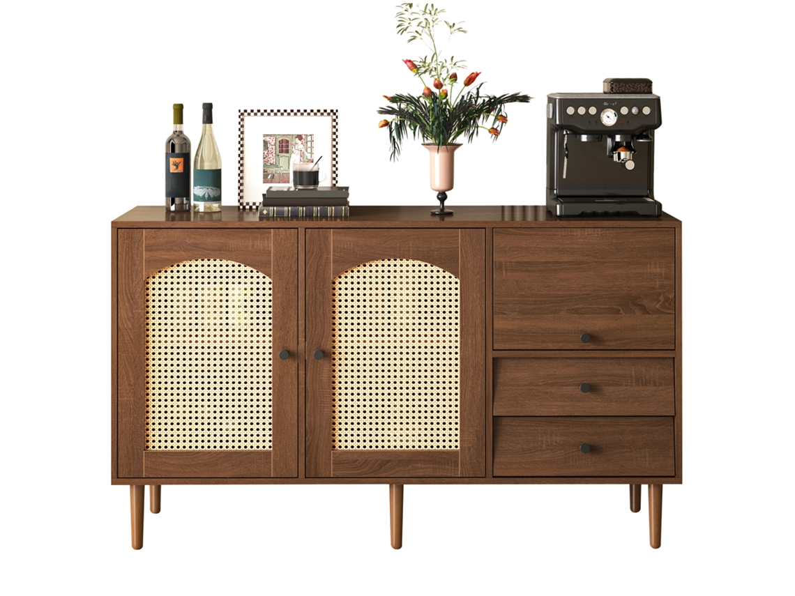 Cômoda Rural Com Portas De Rattan – 130x75,5x40 Cm – Fecho Magnético, Prateleiras Ajustáveis, Estrutura Firme – Design Elegante E Versátil.
