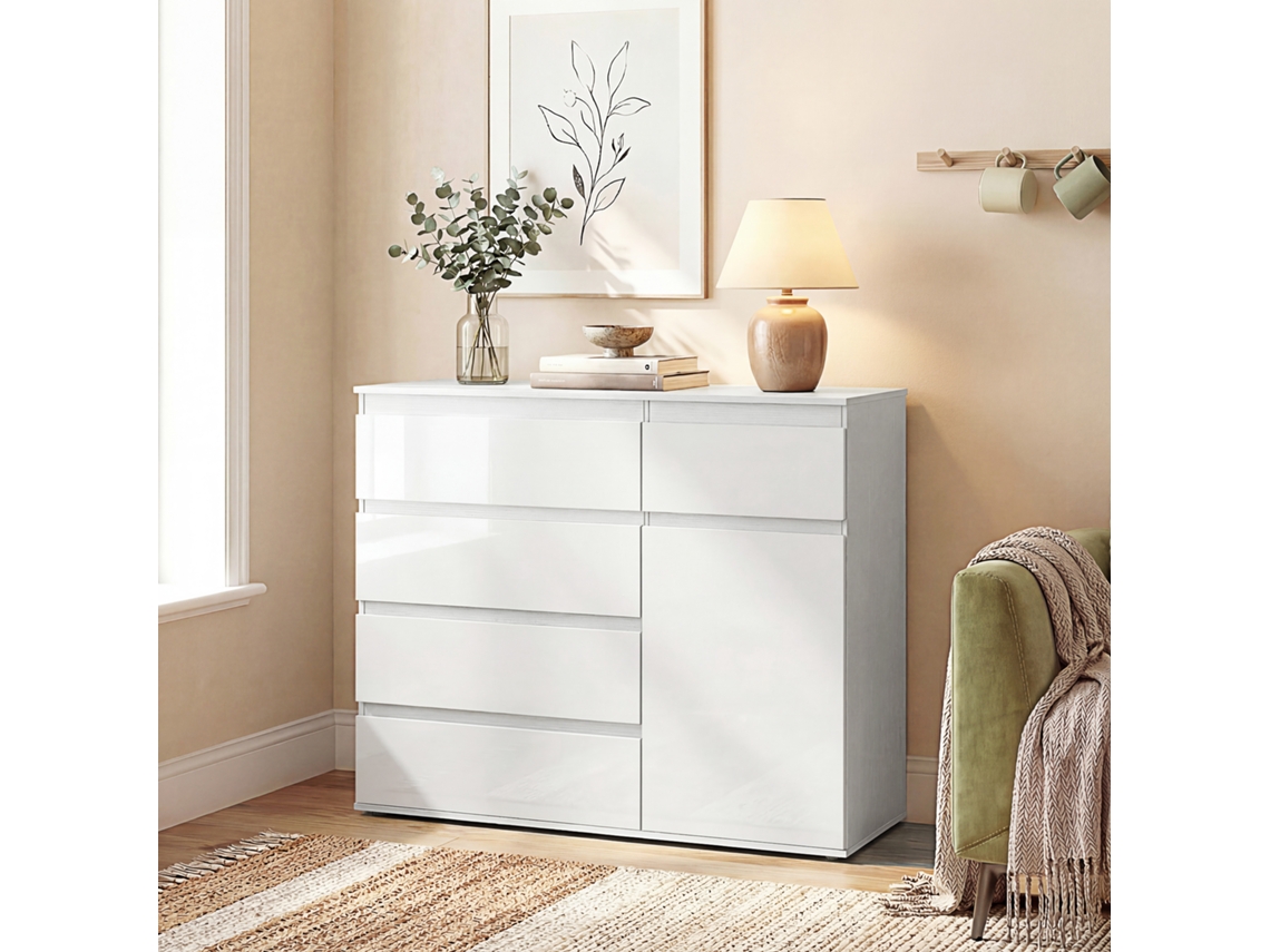 Aparador de Sala com 5 Gavetas Prateleiras Ajustáveis e Porta Fecho Suave 100x40x80 Cm Branco Brilhante