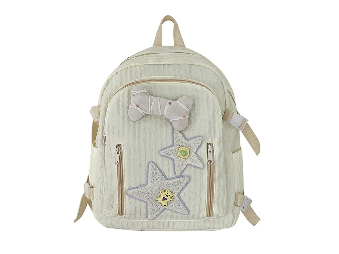 Mochila Escolar Feminina 2024, Grande Capacidade, Com Decoração De Estrela E Ossinhos, Cor Amarela Clara.