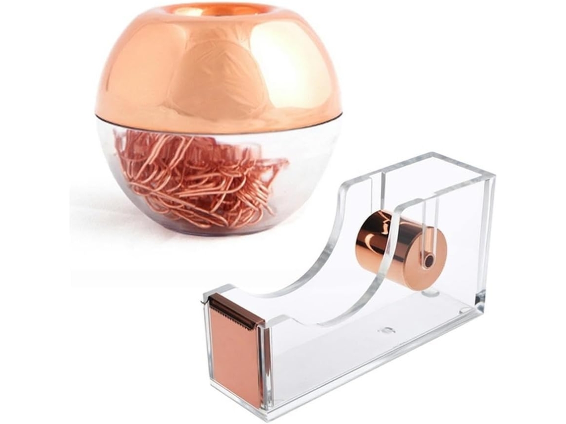 Dispensador magnético com 100 clipes de papel na cor rosa Tom Ouro e 1 fita adesiva em acrílico transparente.