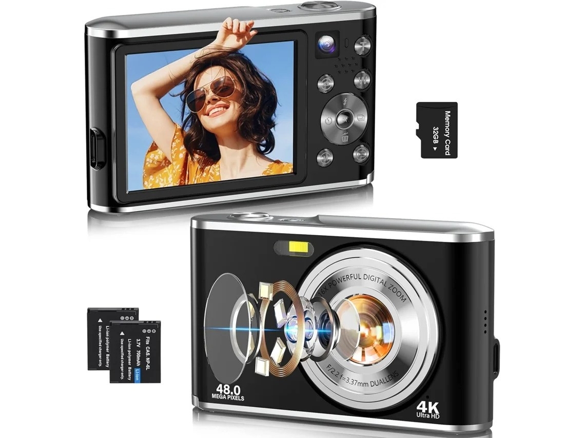 Câmera digital 4K, foco automático, 48 MP, câmera para vlogs e fotografia, compacta, fotografar e disparar, Digital Yizhood (preta)