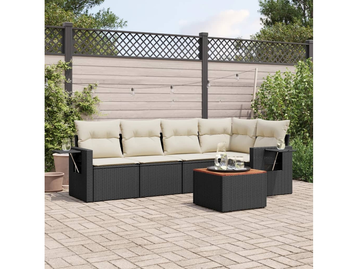 Vidaxl 6 Pcs Conjunto Sofás De Jardim C/ Almofadões Vime Pe Preto