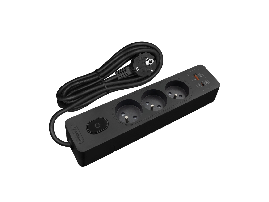 Extensão Eléctrica SELDUR G3Fh12B 3 Tomadas + Interrutor Carregamento Rápido Usb A+C 20W Branco Cabo de 1 5 M