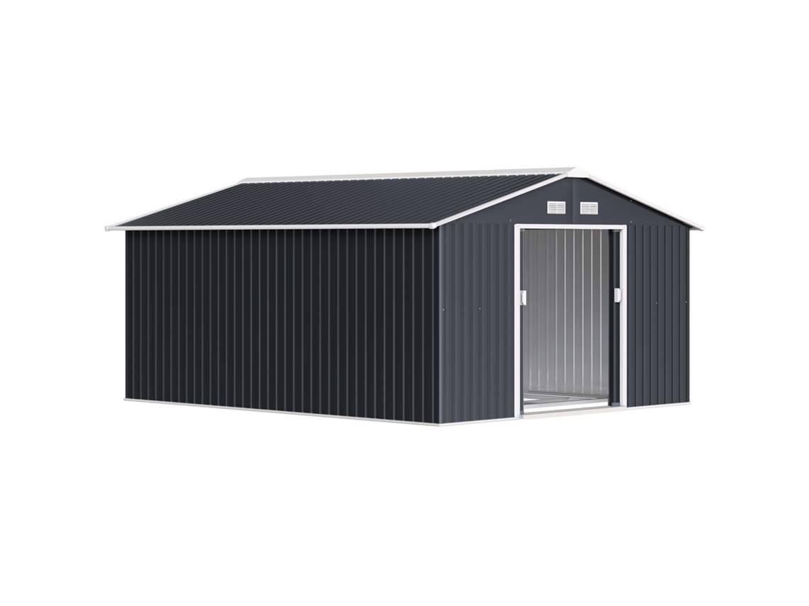 Galpão Jardim 12,4m², 2 Portas Deslizantes, Reforço Base, Cinza Escuro (340x386x200 Cm)