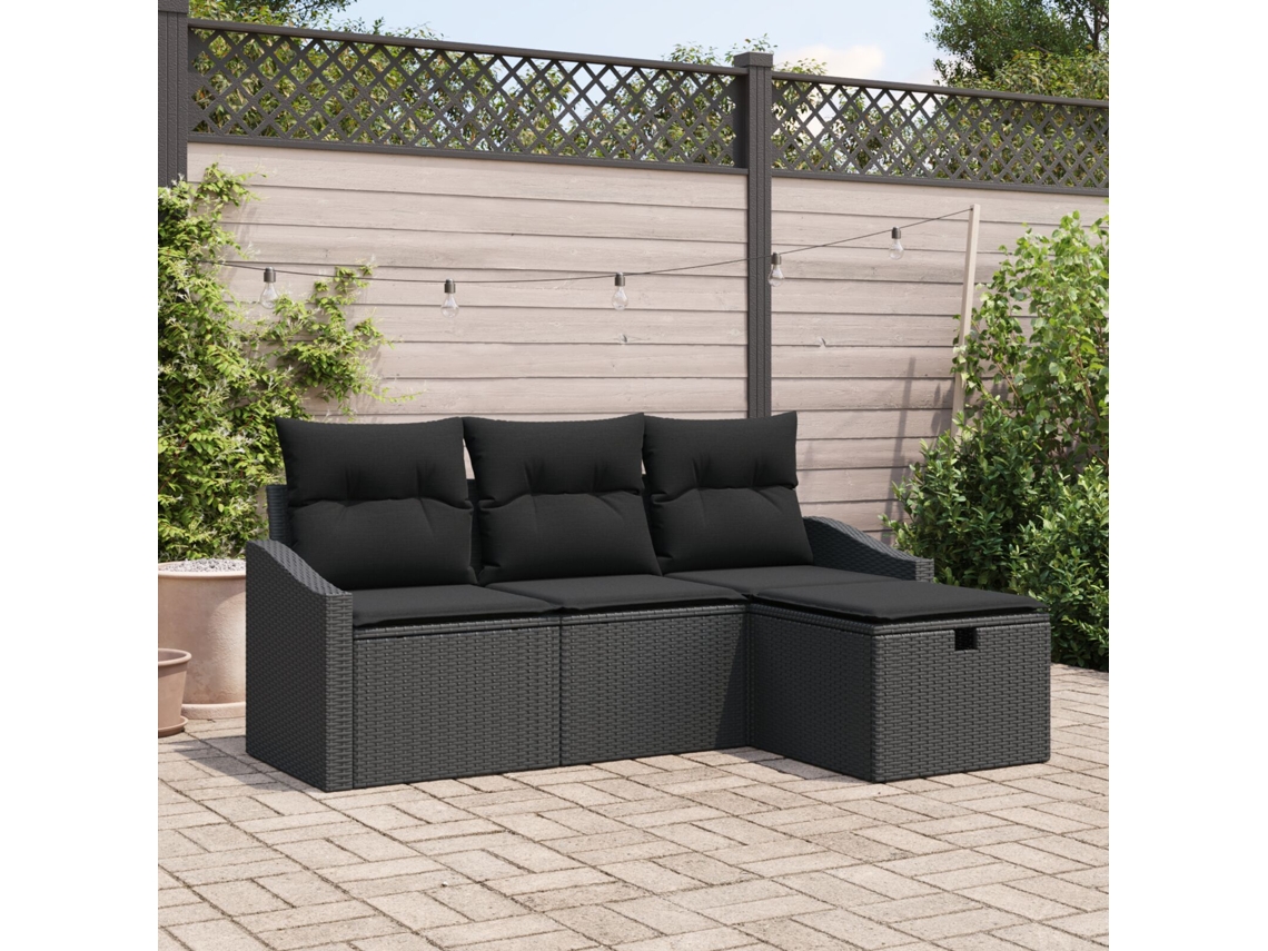 Conjunto De Sofá De Jardim 4 Peças Com Almofadas Preto Rattan Poliéster Wsd545383 Lovely Home
