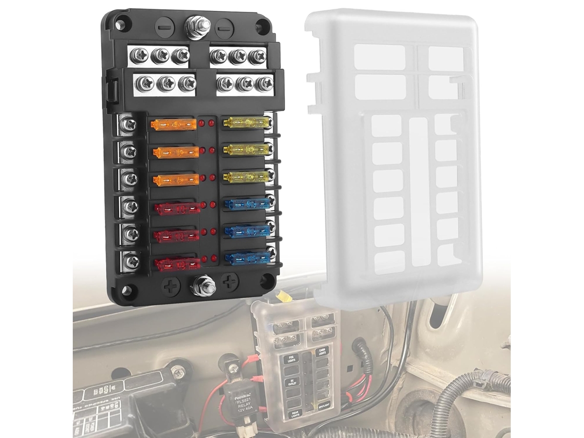 Painel de fusíveis marítimo de 12 vias e 12 V com barra de LED negativo | Caixa de fusíveis marítima com indicador LED vermelho para barcos, Ve