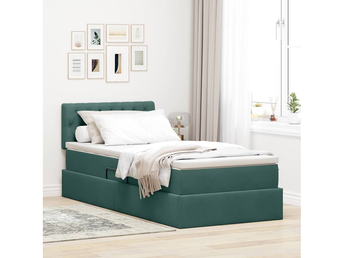 Vidaxl Cama de Armazenamento Led com Colchão Verde escuro 90 X 200 Cm